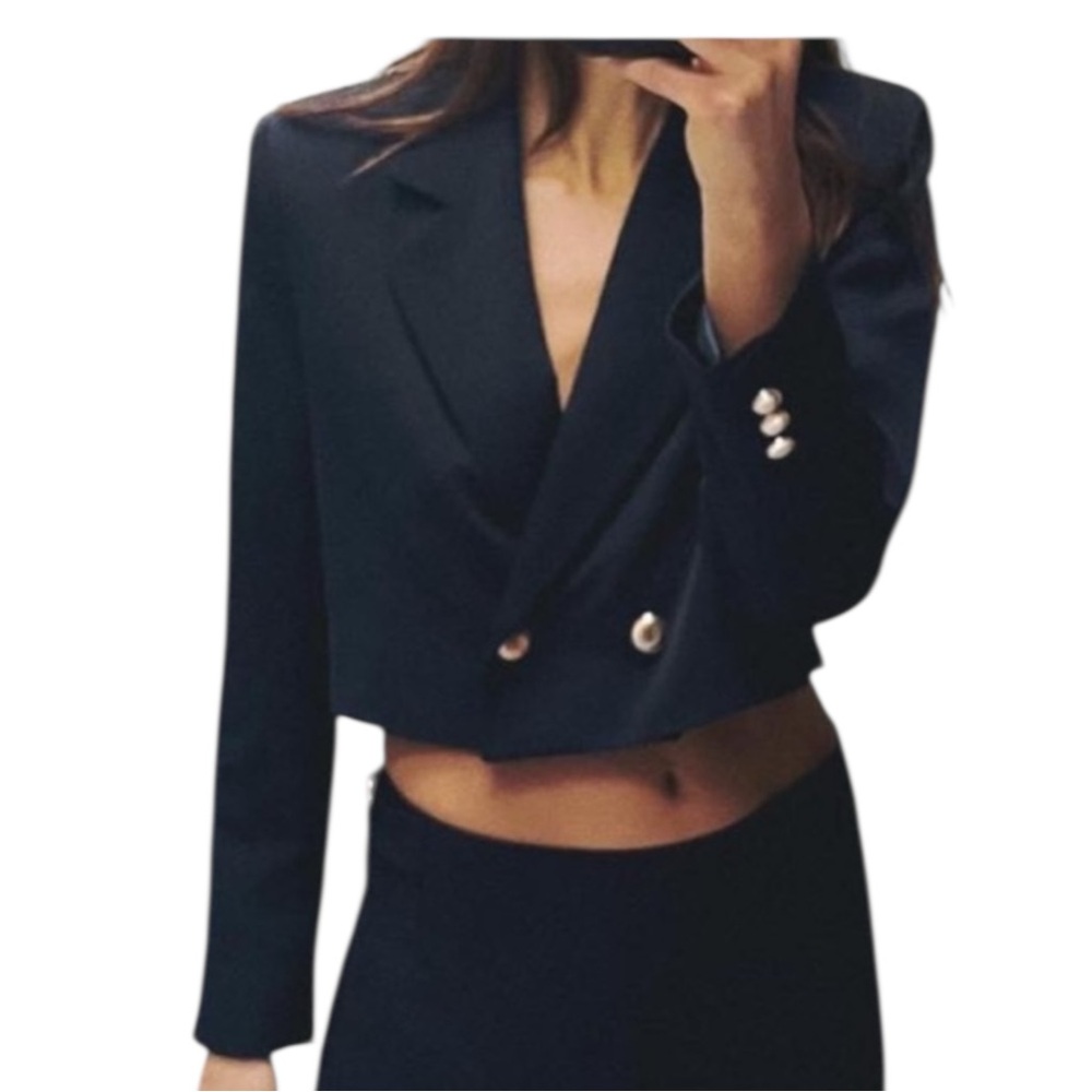 Zara Blazer Double Breasted Crop Navy Blue- XS
